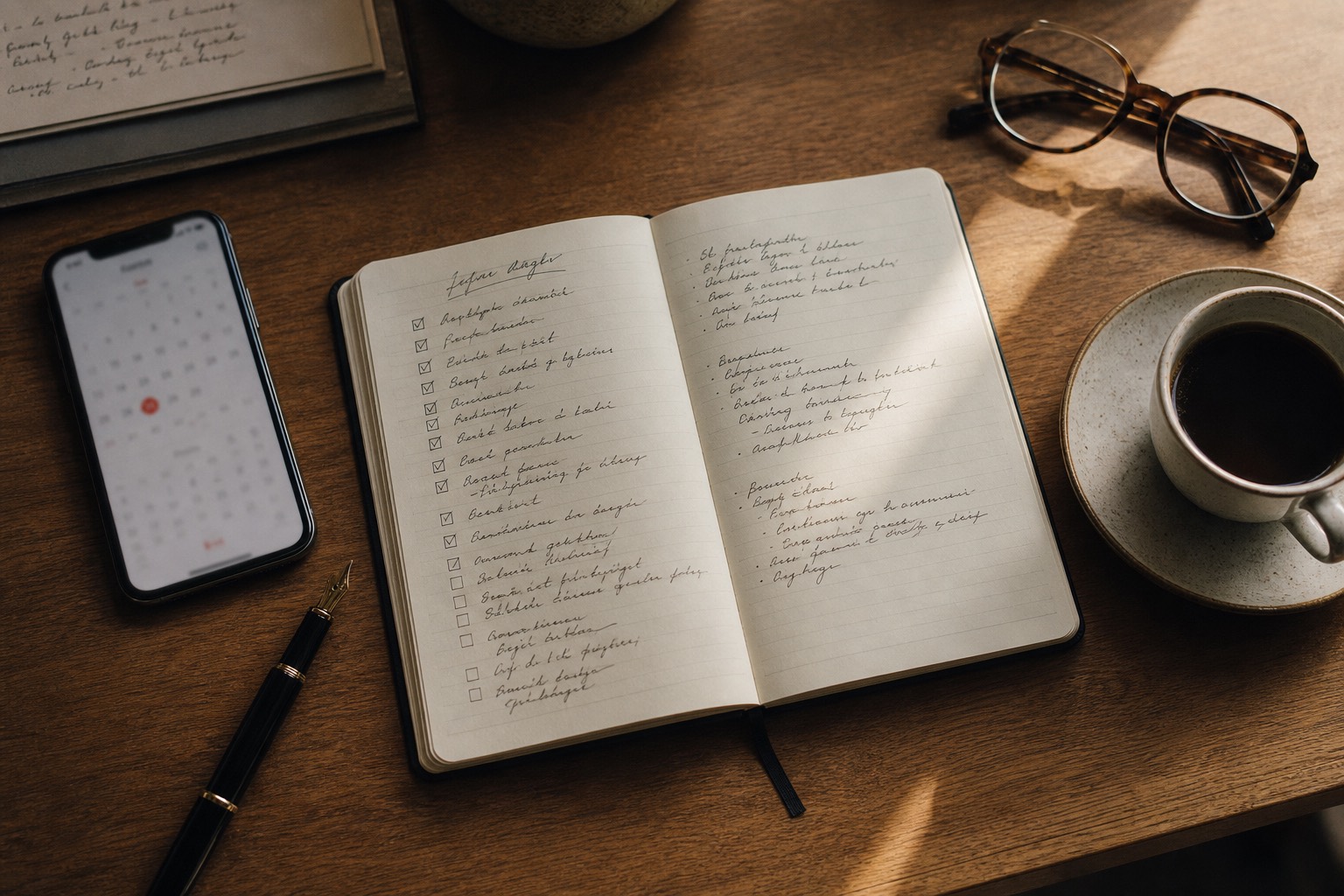 Launch checklist notebook, calendar and coffee on a planning desk