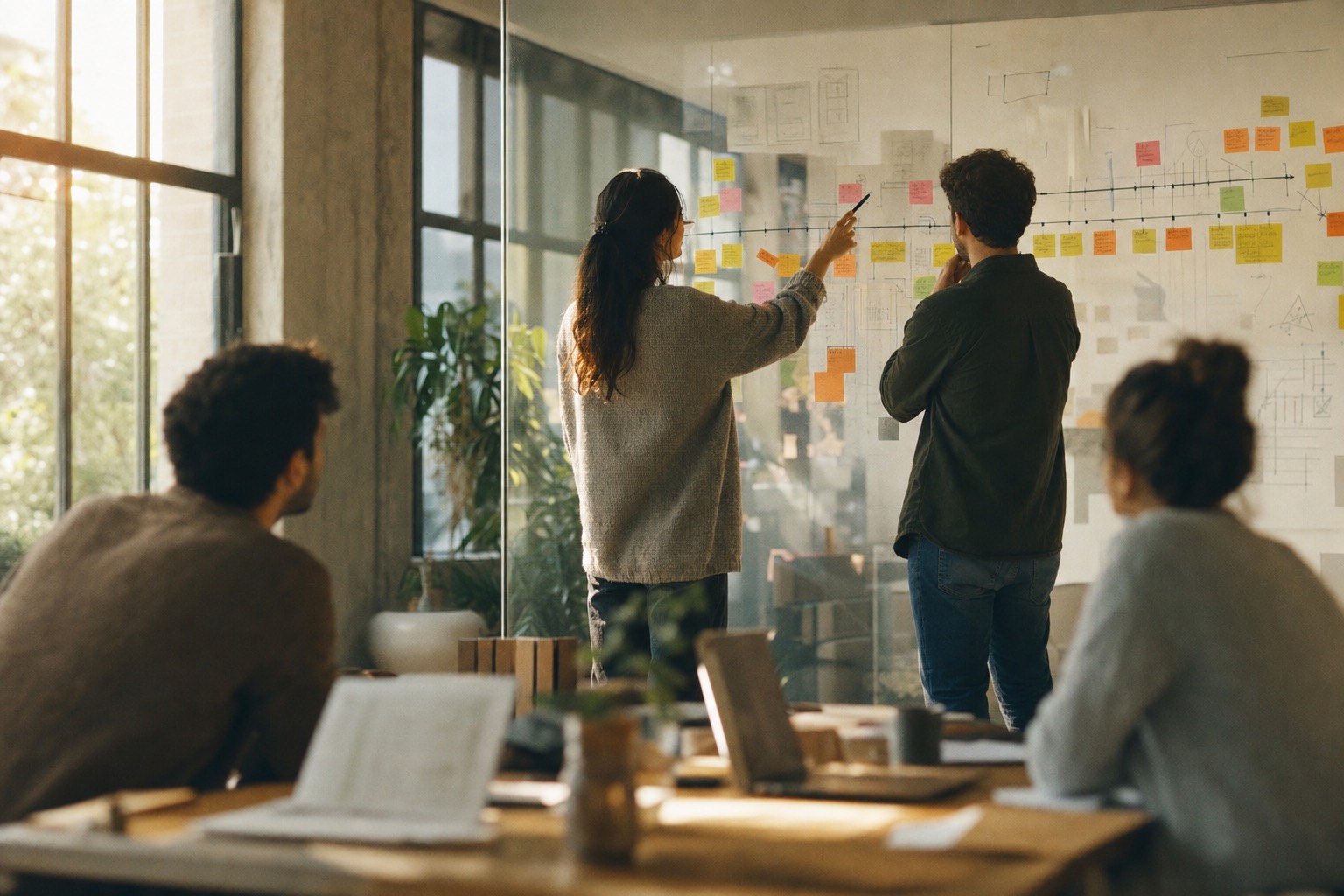 Marketing team mapping a launch timeline with sticky notes on a glass wall